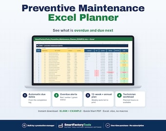 May include: A Preventive Maintenance Excel Planner displayed on a laptop screen, featuring a task list with columns for equipment, frequency, and due dates. The interface includes color-coded status alerts, automatic due dates, and a 12-week annual plan.