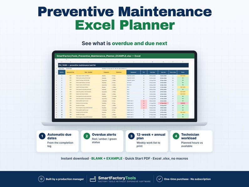 May include: A Preventive Maintenance Excel Planner displayed on a laptop screen, featuring a task list with columns for equipment, frequency, and due dates. The interface includes color-coded status alerts, automatic due dates, and a 12-week annual plan.