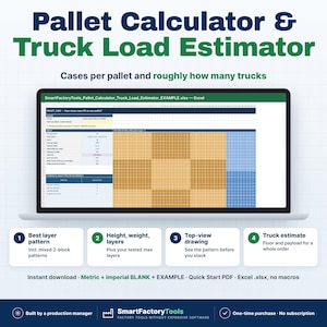 Puede incluir: Una hoja de c&aacute;lculo digital Pallet Calculator & Truck Load Estimator en la pantalla de un port&aacute;til. La interfaz muestra campos de datos para cajas por pal&eacute;, estimaciones de camiones y un dibujo de vista superior.