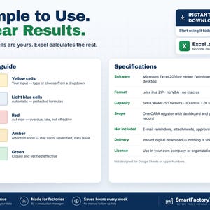 May include: A digital product information graphic titled Simple to Use. Clear Results. It features a colour guide with yellow, light blue, red, amber, and green cells, and a specifications list for an Excel .xlsx file for CAPA management.