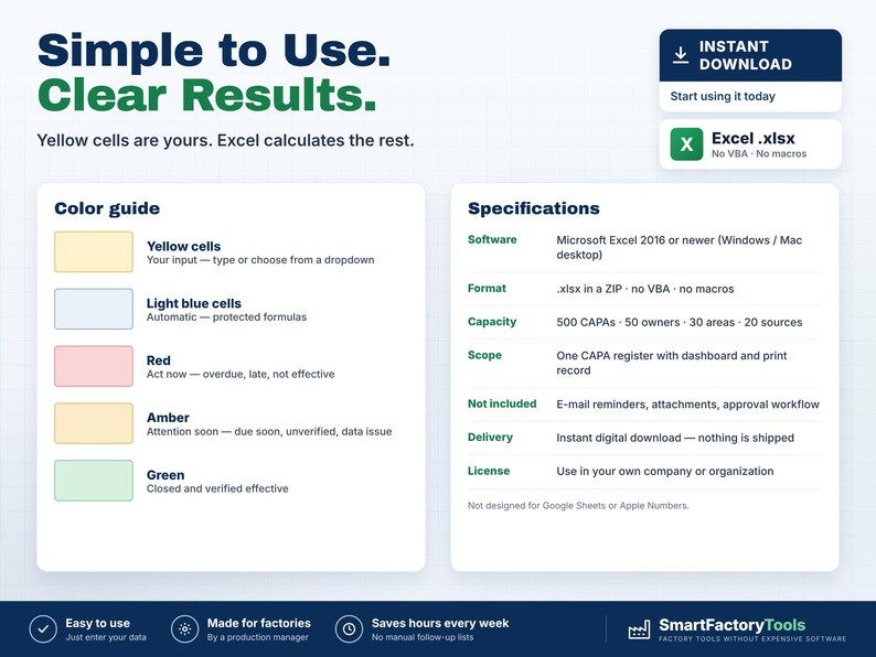 May include: A digital product information graphic titled Simple to Use. Clear Results. It features a colour guide with yellow, light blue, red, amber, and green cells, and a specifications list for an Excel .xlsx file for CAPA management.