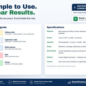 May include: A digital product information graphic titled Simple to Use. Clear Results. It features a color guide for Excel cells, a specifications list for software, format, capacity, scope, and delivery, plus an instant download button.