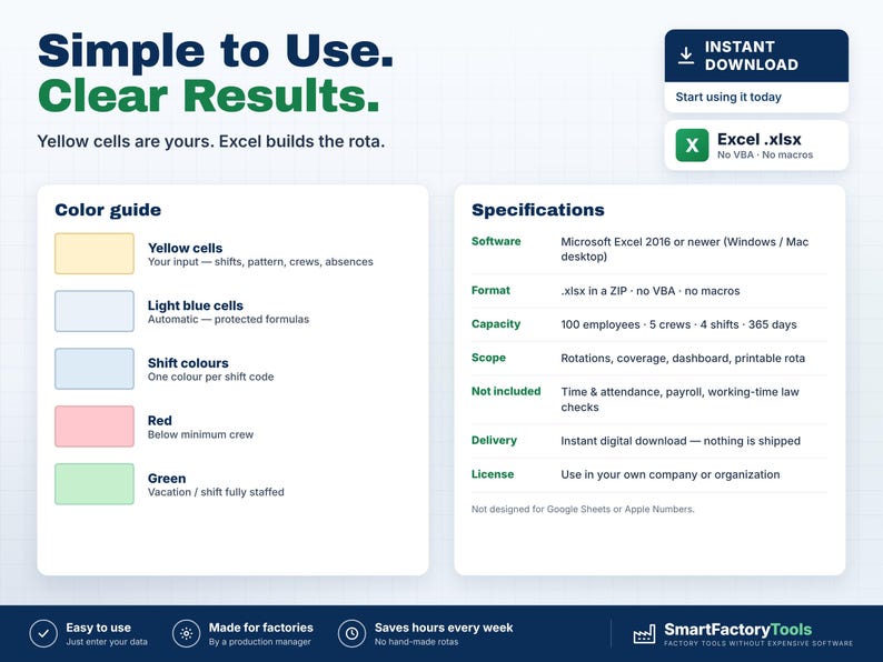 May include: A digital product information graphic titled Simple to Use. Clear Results. It features a color guide for Excel cells, a specifications list for software, format, capacity, scope, and delivery, plus an instant download button.