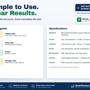 Puede incluir: Un gr&aacute;fico de informaci&oacute;n de producto digital titulado Simple to Use. Clear Results. Incluye una gu&iacute;a de colores para celdas amarillas, grises, verdes y naranjas, junto con una lista de especificaciones para un libro de Excel Microsoft 2019 o superior.