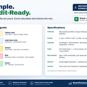 May include: A digital spreadsheet template titled Simple. Audit-Ready. featuring a color guide with yellow, light blue, amber, red, and green cells. The specifications list software requirements, file formats, capacity limits, and logic for recipe management.