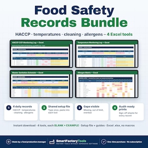 May include: A Food Safety Records Bundle featuring four Excel tools for HACCP, temperatures, cleaning, and allergens. The digital display shows monitoring logs, a sanitation schedule, and an allergen matrix with data entry fields and audit-ready print options.