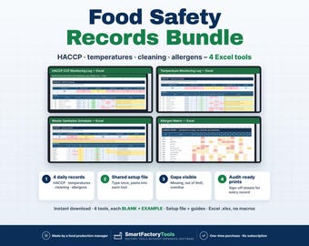 May include: A Food Safety Records Bundle featuring four Excel tools for HACCP, temperatures, cleaning, and allergens. The digital display shows monitoring logs, a sanitation schedule, and an allergen matrix with data entry fields and audit-ready print options.
