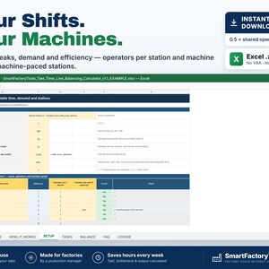 May include: A digital Excel spreadsheet template titled SmartFactoryTools_Takt_Time_Line_Balancing_Calculator_v1.1_EXAMPLE.xlsx. The interface displays setup fields for shifts, breaks, demand, and station operators in a grid format.