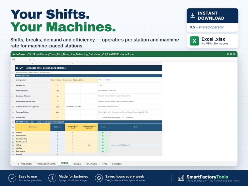 May include: A digital Excel spreadsheet template titled SmartFactoryTools_Takt_Time_Line_Balancing_Calculator_v1.1_EXAMPLE.xlsx. The interface displays setup fields for shifts, breaks, demand, and station operators in a grid format.