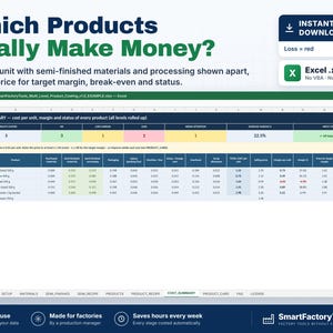 Puede incluir: Una plantilla de hoja de c&aacute;lculo digital titulada Which Products Really Make Money? que presenta una tabla de resumen de costos. La interfaz muestra columnas para materiales, procesamiento, embalaje y m&aacute;rgenes, con indicadores de estado codificados por colores.