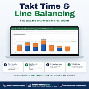 May include: A digital Takt Time and Line Balancing calculator displayed on a laptop screen. The interface shows a stacked bar chart with blue and orange segments, labelled with station numbers and performance metrics in seconds.