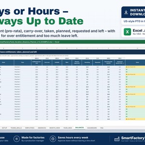 May include: A digital vacation and absence planner spreadsheet displayed in Excel. The interface features columns for employee names, teams, leave entitlement, carry-over, taken, planned, and remaining balances with status warnings.