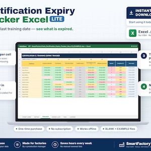 Puede incluir: Una hoja de cálculo digital Certification Expiry Tracker Excel LITE mostrada en la pantalla de una computadora portátil. La interfaz presenta columnas para nombres de empleados, tipos de capacitación y celdas codificadas por colores para estados válidos, vencidos o faltantes.