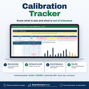 May include: A laptop screen displays the Calibration Tracker Excel dashboard with data tables, charts, and status indicators. Text includes Calibration Tracker, Know what is due and what is out of tolerance, and SmartFactoryTools.