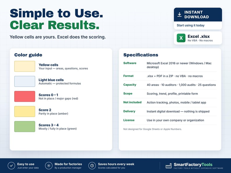 May include: A digital infographic for an Excel audit tool titled Simple to Use. Clear Results. It features a color guide with yellow, light blue, red, and green cells, and a specifications list detailing software, format, and capacity requirements.