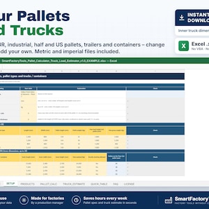 Puede incluir: Una interfaz de hoja de c&aacute;lculo digital titulada SmartFactoryTools_Pallet_Calculator_Truck_Load_Estimator_v1.0_EXAMPLE.xlsx. La tabla muestra par&aacute;metros de configuraci&oacute;n para pal&eacute;s, camiones y contenedores con columnas para longitud, anchura y peso.