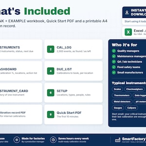 May include: A digital product information graphic titled What's Included, detailing a ZIP file with a blank and example workbook, Quick Start PDF, and A4 calibration record. It lists eight numbered modules including Instruments, Cal_Log, Dashboard, Due_List, Instrument_Card, Setup, and PDF documents, alongside a sidebar for target users and typical instruments.