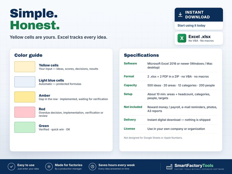 May include: A digital product information sheet titled Simple. Honest. featuring a color guide with yellow, light blue, amber, red, and green cells. It includes a specifications table for Microsoft Excel 2016 or newer, detailing software, format, capacity, setup, and license.