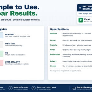 Puede incluir: Un gr&aacute;fico de informaci&oacute;n de producto digital titulado Simple to Use. Clear Results. Detalla un libro de Excel con una gu&iacute;a de colores para celdas azules, blancas, verdes y rojas, adem&aacute;s de especificaciones de software, formato y capacidad.