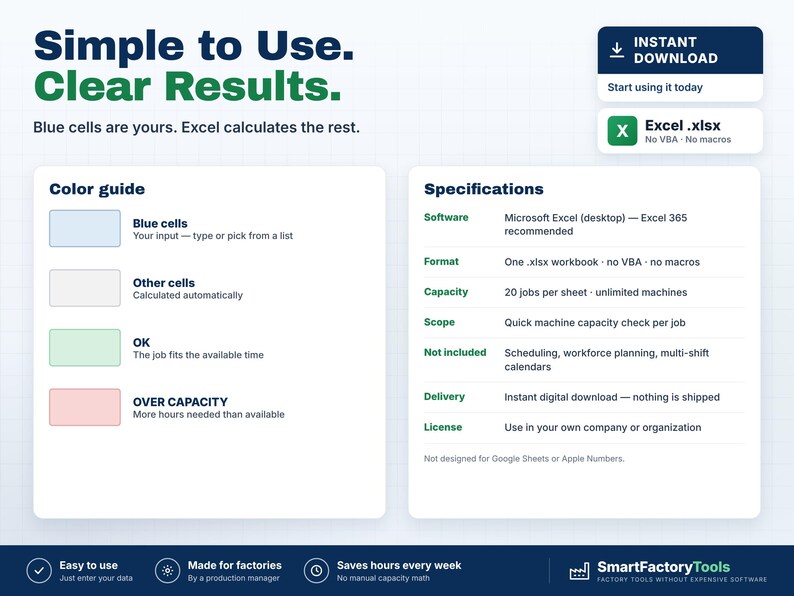 Puede incluir: Un gr&aacute;fico de informaci&oacute;n de producto digital titulado Simple to Use. Clear Results. Detalla un libro de Excel con una gu&iacute;a de colores para celdas azules, blancas, verdes y rojas, adem&aacute;s de especificaciones de software, formato y capacidad.