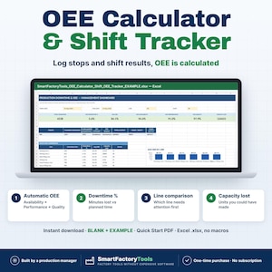 K&ouml;nnte beinhalten: Eine digitale OEE-Rechner- und Schicht-Tracker-Tabelle auf einem Laptop-Bildschirm. Die Benutzeroberfl&auml;che zeigt Produktionsausfallzeiten, Management-Dashboards und Leistungskennzahlen sowie vier Funktionsfelder.