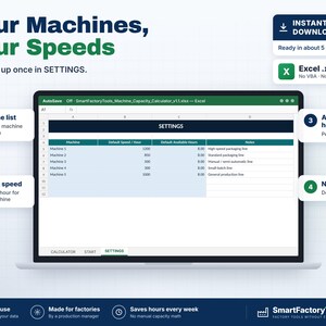 Puede incluir: Una hoja de c&aacute;lculo digital para calcular la capacidad de m&aacute;quinas mostrada en una pantalla de port&aacute;til. La interfaz incluye una pesta&ntilde;a de configuraci&oacute;n con columnas para nombres de m&aacute;quinas, velocidades por hora y horas disponibles.