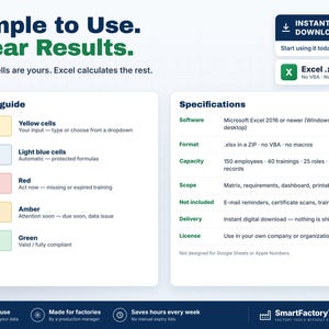 K&ouml;nnte beinhalten: Eine digitale Tabellenkalkulationsvorlage f&uuml;r Excel mit einem Farbleitfaden f&uuml;r gelbe, hellblaue, rote, bernsteinfarbene und gr&uuml;ne Zellen. Der Text enth&auml;lt Simple to Use, Clear Results sowie Spezifikationen f&uuml;r 150 Mitarbeiter und 3000 Datens&auml;tze.