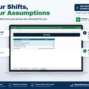May include: A digital spreadsheet interface on a laptop screen titled SmartFactoryTools_Manpower_Requirement_Calculator_v1.1.xlsx. The settings tab displays planning parameters including shift length, breaks, and labour utilisation.