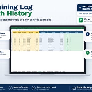 K&ouml;nnte beinhalten: Eine digitale Schulungsprotokoll-Tabelle auf einem Laptop-Bildschirm mit Spalten f&uuml;r Mitarbeiterdaten, Schulungsnamen, Daten und Ablaufberechnungen. Die Benutzeroberfl&auml;che enth&auml;lt Beschriftungen f&uuml;r einfache Eingabe, Ablaufdaten und Datens&auml;tze.