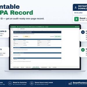 May include: A digital CAPA record template displayed on a laptop screen, featuring sections for identification, problem description, containment, root cause, and sign-off lines. The interface includes tabs for navigation and clear labels for audit-ready documentation.