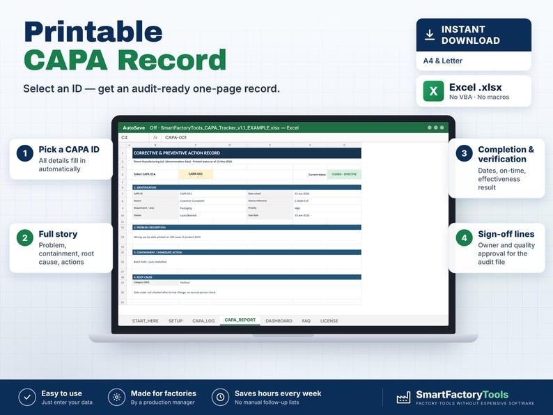 May include: A digital CAPA record template displayed on a laptop screen, featuring sections for identification, problem description, containment, root cause, and sign-off lines. The interface includes tabs for navigation and clear labels for audit-ready documentation.