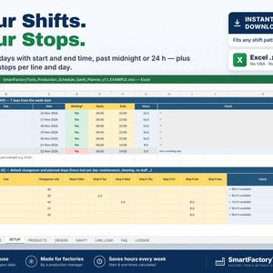 May include: A digital Excel production schedule planner template titled Your Shifts. Your Stops. featuring a spreadsheet interface with columns for working days, start and end times, and planned stops per line for factory management.
