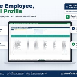 May include: A digital employee qualification profile template displayed on a laptop screen. The Excel spreadsheet features columns for skills, areas, lines, processes, types, levels, and status. Text includes One Employee, Full Profile, and SmartFactoryTools.