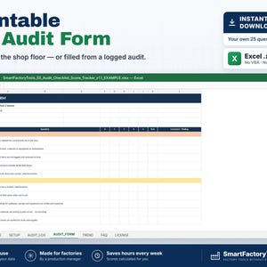 May include: A digital 5S Audit Form spreadsheet template featuring a dark blue header, organized rows for sorting and setting in order, and columns for scoring. The interface includes tabs for audit logs, trends, and setup, with text labels like Printable 5S Audit Form and SmartFactoryTools.