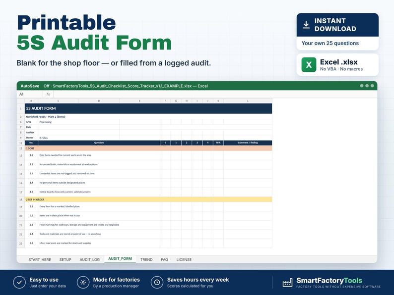 May include: A digital 5S Audit Form spreadsheet template featuring a dark blue header, organized rows for sorting and setting in order, and columns for scoring. The interface includes tabs for audit logs, trends, and setup, with text labels like Printable 5S Audit Form and SmartFactoryTools.