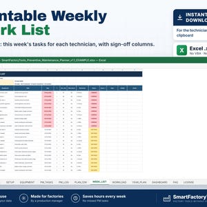 May include: A digital spreadsheet titled Printable Weekly Work List for technicians. The Excel interface displays a table with columns for equipment, tasks, dates, and sign-offs, featuring red and yellow highlighted cells for status tracking.