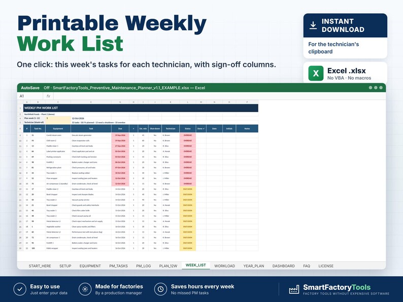 May include: A digital spreadsheet titled Printable Weekly Work List for technicians. The Excel interface displays a table with columns for equipment, tasks, dates, and sign-offs, featuring red and yellow highlighted cells for status tracking.