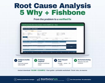 Puede incluir: Una pantalla de portátil muestra una hoja de cálculo de Excel de Root Cause Analysis 5 Why + Fishbone. El texto dice: Root Cause Analysis 5 Why + Fishbone, From the problem to a verified fix, SmartFactoryTools y otras etiquetas.