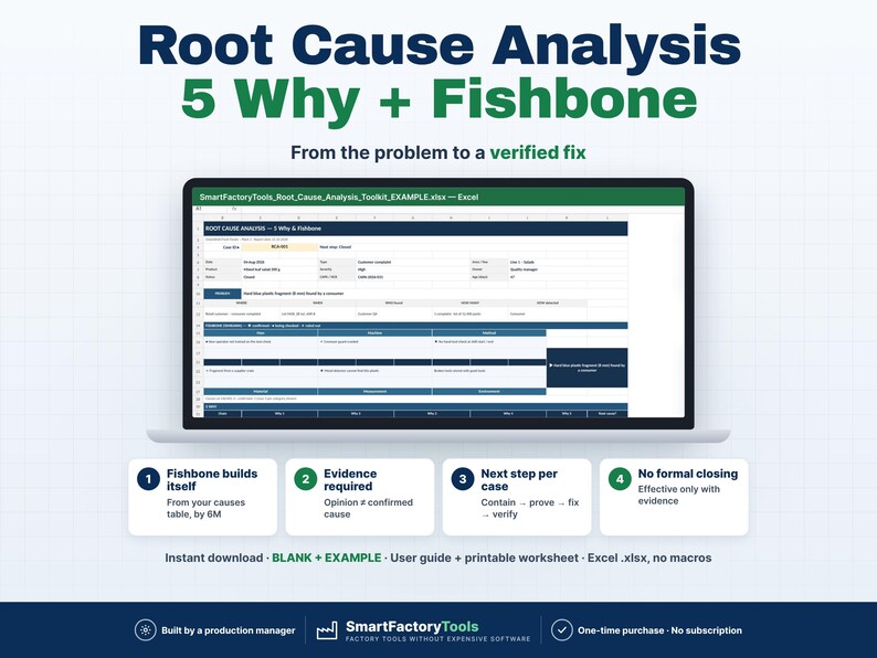 May include: A laptop screen displays a Root Cause Analysis 5 Why + Fishbone Excel spreadsheet. The text reads: Root Cause Analysis 5 Why + Fishbone, From the problem to a verified fix, SmartFactoryTools, and other instructional labels.
