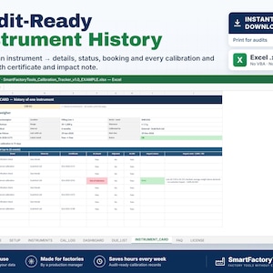 May include: A digital Excel spreadsheet template titled Audit-Ready Instrument History for tracking calibration records. The interface displays an instrument card with columns for date, event, certificate, and status, plus a bottom navigation bar.