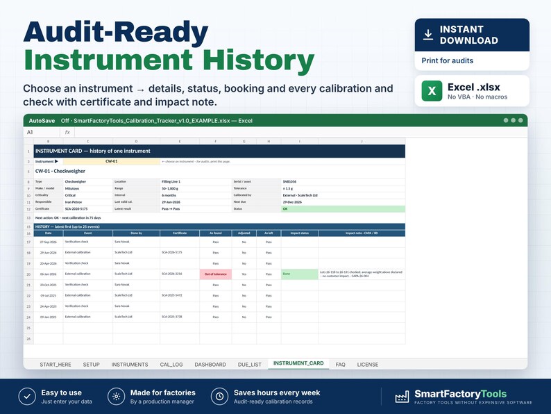 May include: A digital Excel spreadsheet template titled Audit-Ready Instrument History for tracking calibration records. The interface displays an instrument card with columns for date, event, certificate, and status, plus a bottom navigation bar.
