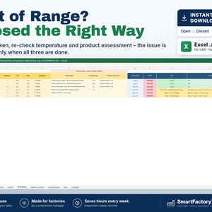 May include: A digital spreadsheet template for temperature monitoring in an Excel .xlsx file format. The interface displays columns for date, reading number, unit, shop, checked by, action taken, re-check, product assessment, limit applied, status, and notes.