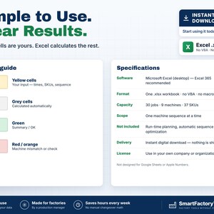 May include: A digital product information graphic titled Simple to Use. Clear Results. It features a color guide for yellow, grey, green, and red/orange cells, and a specifications list for an Excel workbook with 30 jobs and 37 SKUs.