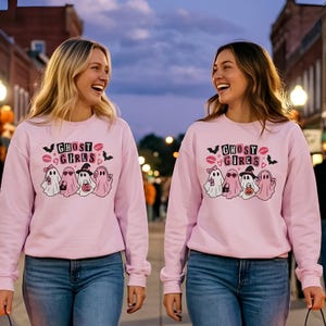 Sudadera Ghost Girls, Sudadera de cuello redondo para Halloween, Sudadera rosa gótica con estampado de fantasmas, Sudadera para mujer para la temporada de Halloween, Regalo Kawaii para Halloween