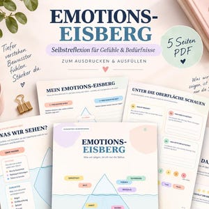 May include: A set of five printable PDF pages titled Emotions-Eisberg, featuring diagrams of icebergs to categorize feelings and needs. The documents include sections for self-reflection, labeled in German, with pastel-colored text boxes and icons.