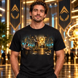 Może przedstawiać: Czarny t-shirt z nadrukiem graficznym przedstawiającym robota w garniturze stojącego na podeście obok świecącego złotego trofeum, z osobą siedzącą w pobliżu i trzymającą pudełko, na tle ramion robotycznych i niebieskich ekranów cyfrowych.