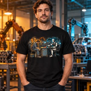 May include: A black t-shirt featuring a graphic print of a human worker sitting across from a robot at a desk in a factory setting. The illustration depicts a blue-toned industrial environment with robotic arms and machinery in the background.