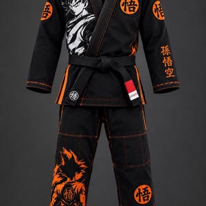 Black Orange Anime BJJ Gi, Dragon Ball Z Inspired Grappling Uniform, Reinforced Stitching