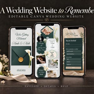May include: Three smartphones displaying an editable wedding website template with a dark green and cream color scheme. The screens show text including A Wedding Website to Remember, Noah & Nick, and RSVP Form, alongside floral graphics and photos.
