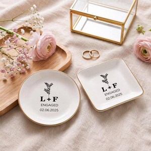 Personalized Engagement Ring Dish, Botanical Initials and Date, Ceramic Ring Holder, Gift for Newly Engaged Couple